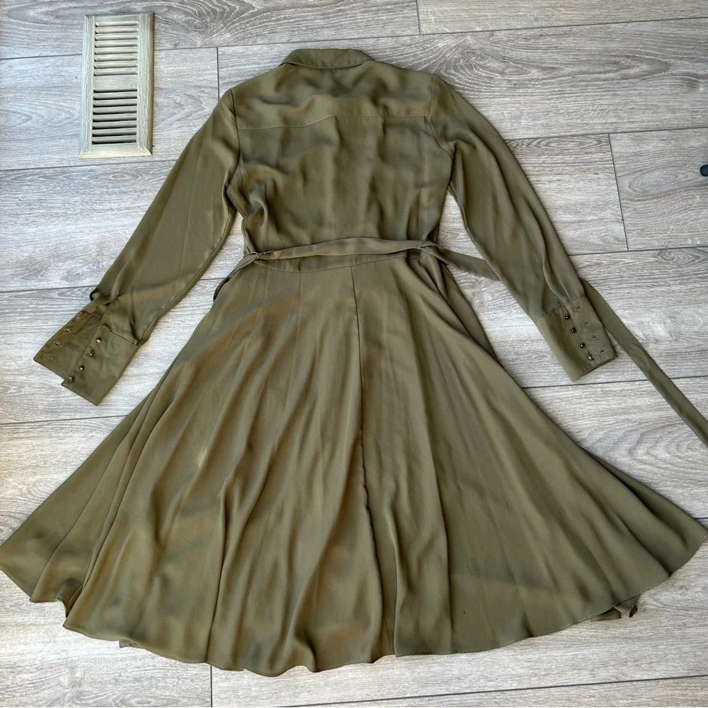Nanette Lepore Military Green Button Down Midi Shirtdress with Slips - Picture 15 of 16